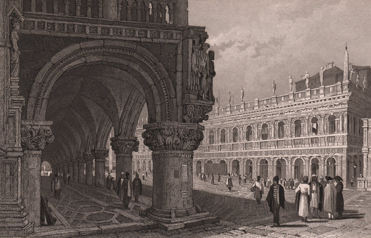 Verkorting van de arcade van het Dogepaleis (Palazzo Ducale) met uitzicht op het San Marcoplein en het Bibliotheekpaleis, Venetië, Veneto, Italië, staalgravure naar een tekening van Samuel Prout (1783-1852) door Samuel Prout
