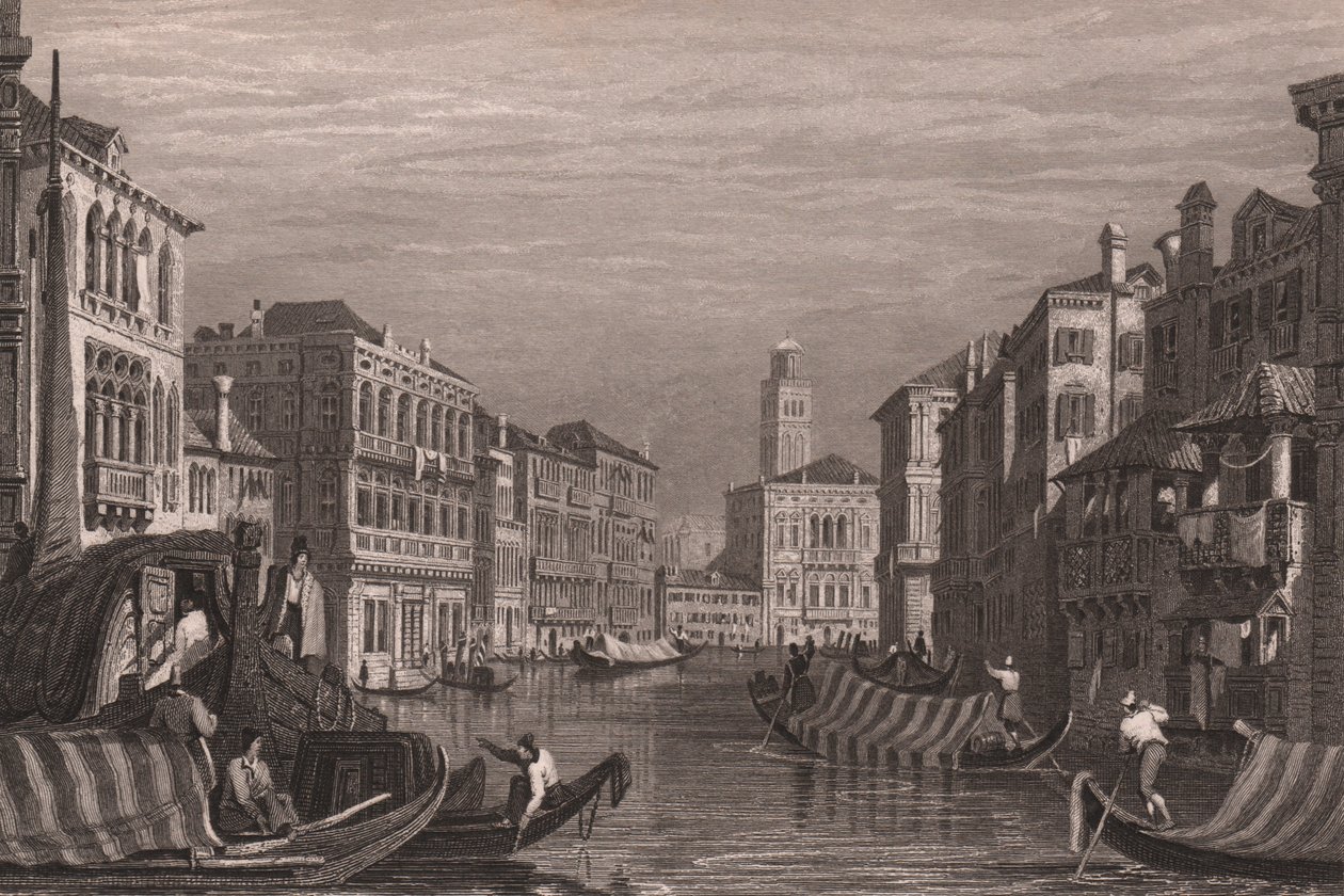 Gondels op het Canal Grande, Venetië, Italië, gravure naar tekening van Samuel Prout door Samuel Prout