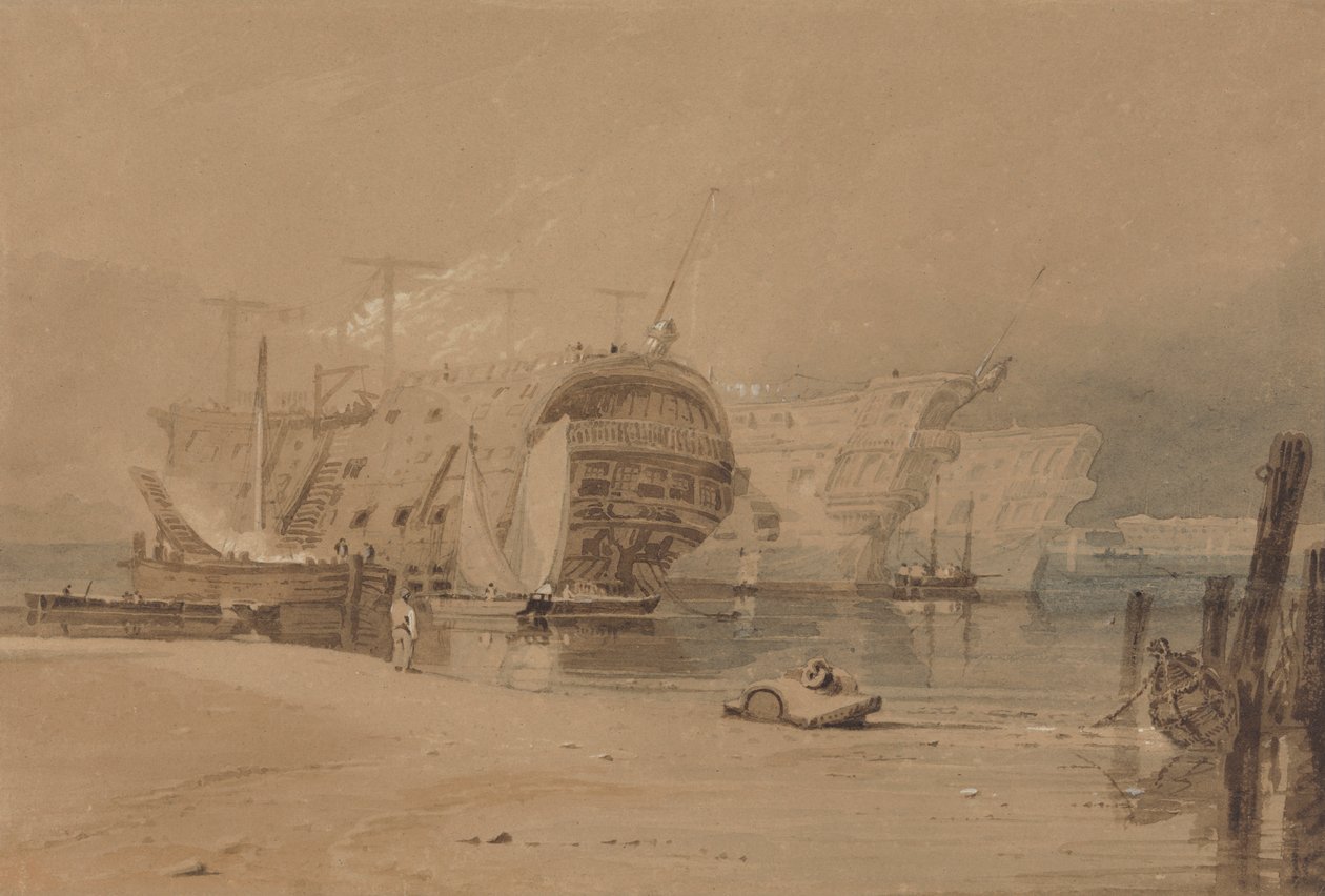 Hulken bij Plymouth door Samuel Prout