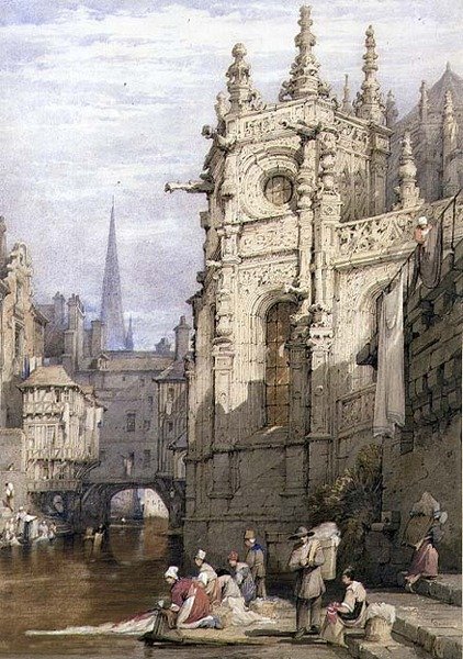 Scène met wasvrouwen door Samuel Prout