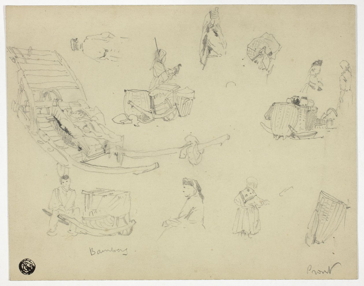 Schetsen van figuren, sleeën bij Bambarg door Samuel Prout