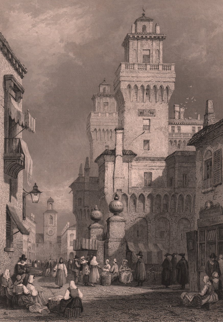 Uitzicht op Castello Estense, Ferrara, Emilia-Romagna, Italië, staalgravure door John Godfrey (ca. 1817-1889) naar tekening van Samuel Prout (1783-1852), ca. 26x17 cm, gepubliceerd door Blackie and Son door Samuel Prout