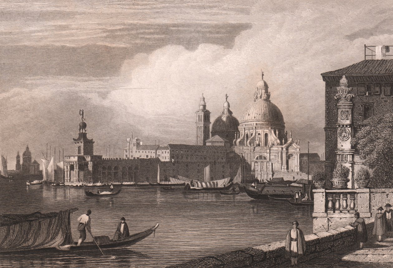 Uitzicht op het Canal Grande met Punta della Dogana en de Basiliek van Santa Maria della Salute op de achtergrond, Venetië, Italië, gravure naar tekening van Samuel Prout door Samuel Prout