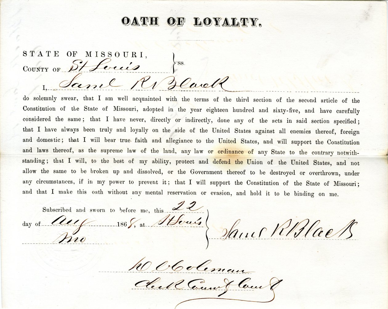 Loyaliteitseed van Samuel R. Black uit Missouri, County of St. Louis door Samuel R. Black