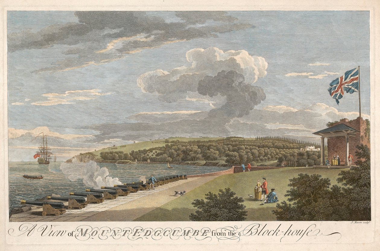 Een uitzicht op Mount Edgcumbe vanaf het blokhuis, pub. 1755 door Samuel Scott