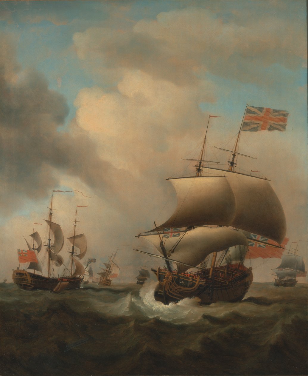 Schepen in een Woelige Zee door Samuel Scott