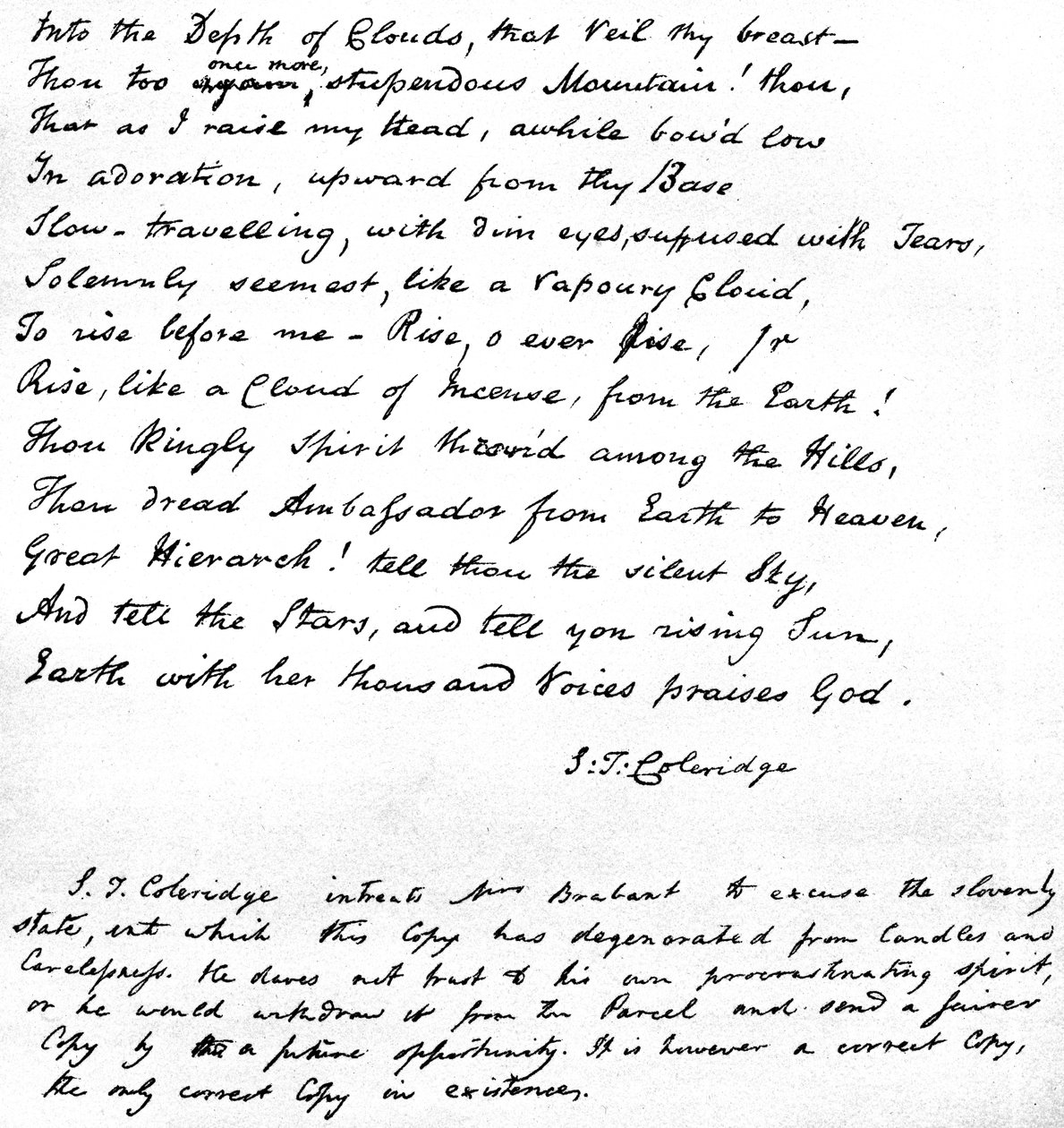 Laatste regels van Coleridges gedicht Hymne voor Zonsopgang in de Vallei van Chamouny, geschreven in het handschrift van de dichter en verzonden in een brief aan mevrouw Brabant van Devizes, 1815 door Samuel Taylor Coleridge