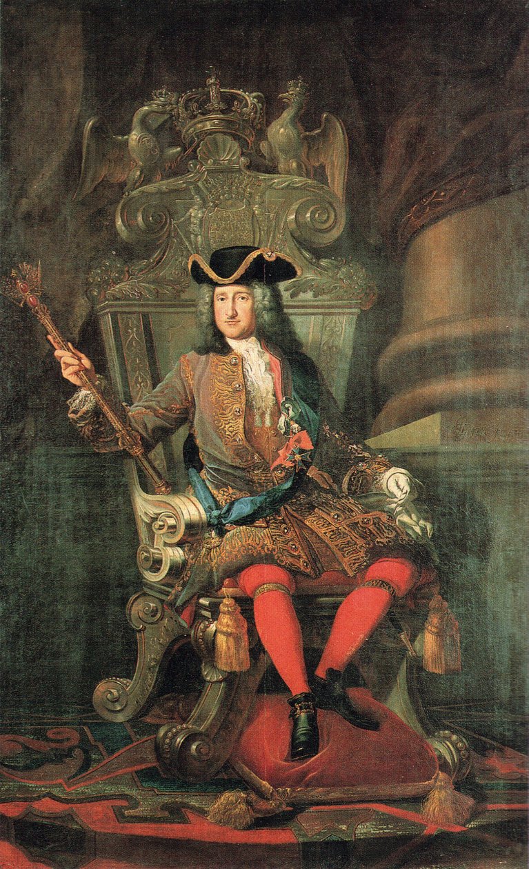 Duits: Koning Frederik I van Pruisen op de zilveren troon. door Samuel Theodor Gericke