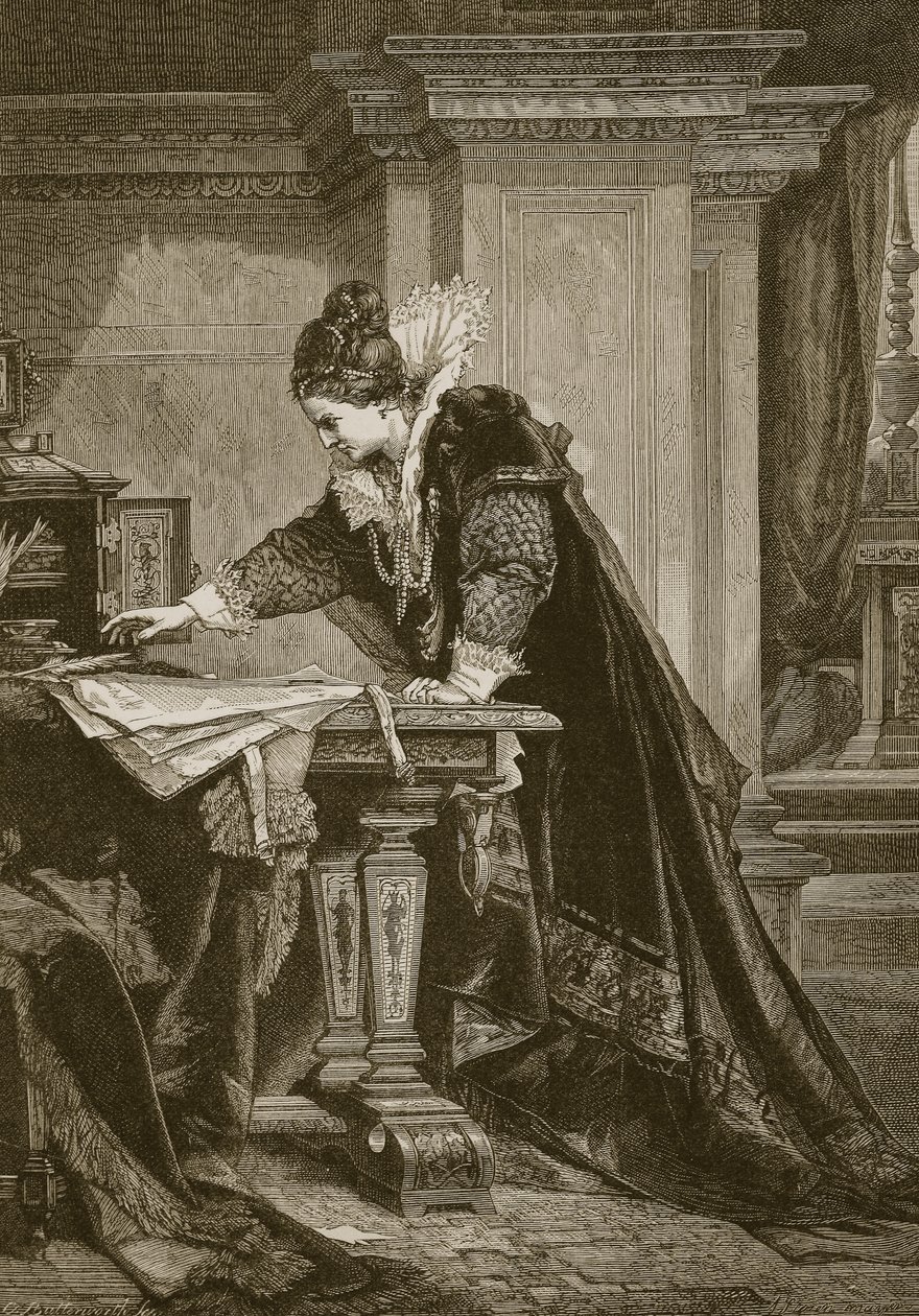 Koningin Elizabeth ondertekent het doodvonnis van Mary Queen of Scots, gegraveerd door C. Butterworth door Sandor Liezen Meyer