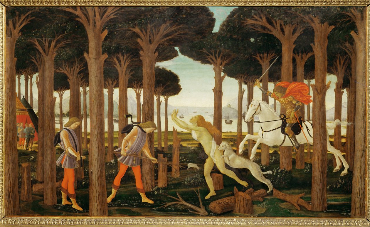 Het verhaal van Nastagio degli Onesti, eerste van drie panelen: Nastagio loopt droevig in een bos ... (schilderij op hout) door Sandro (1444/5 1510) Botticelli