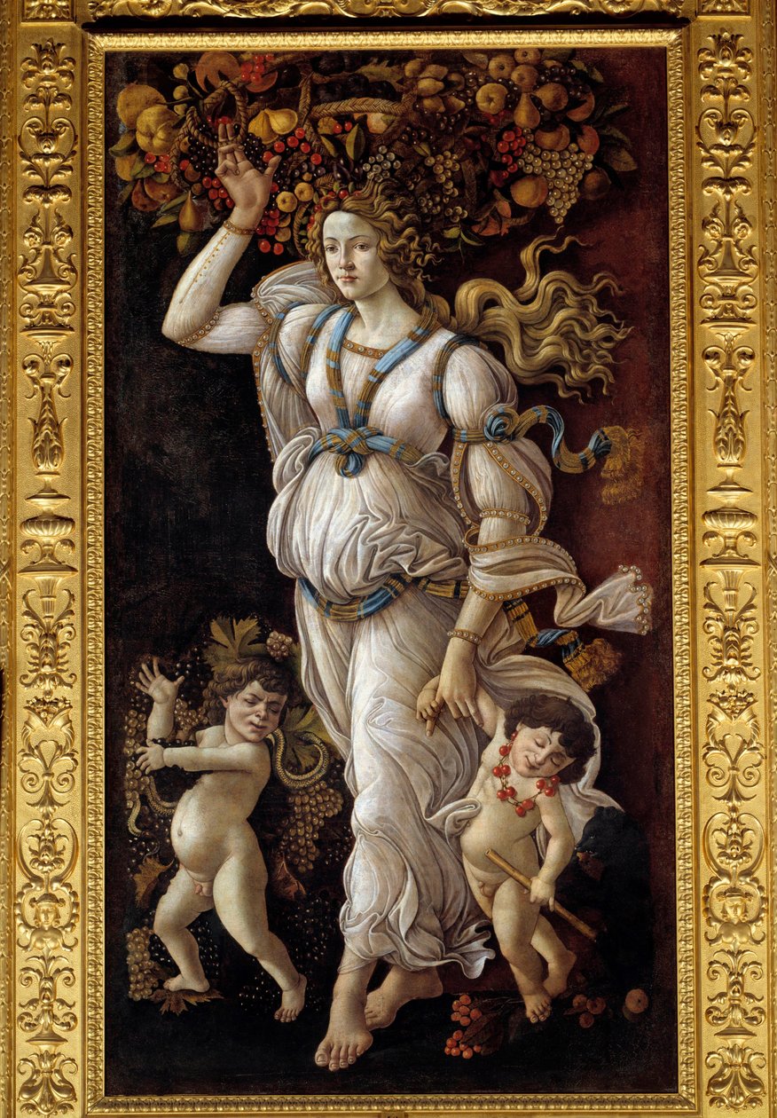 Herfst of allegorie tegen wijnmisbruik: een jonge vrouw draagt een mand vol fruit op haar hoofd en sleept twee dronken kleine kinderen (Bacchus) met zich mee door Sandro Botticelli