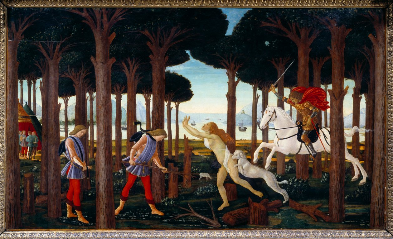 Geschiedenis van Nastagio degli Onesti: Ontmoeting met de verdoemde in het dennenbos, eerste paneel van een serie van vier: Nastagio, ongelukkig in de liefde, ziet de achtervolging van een jonge vrouw door een ruiter wiens liefde ze niet deelt, ze zal eind door Sandro Botticelli