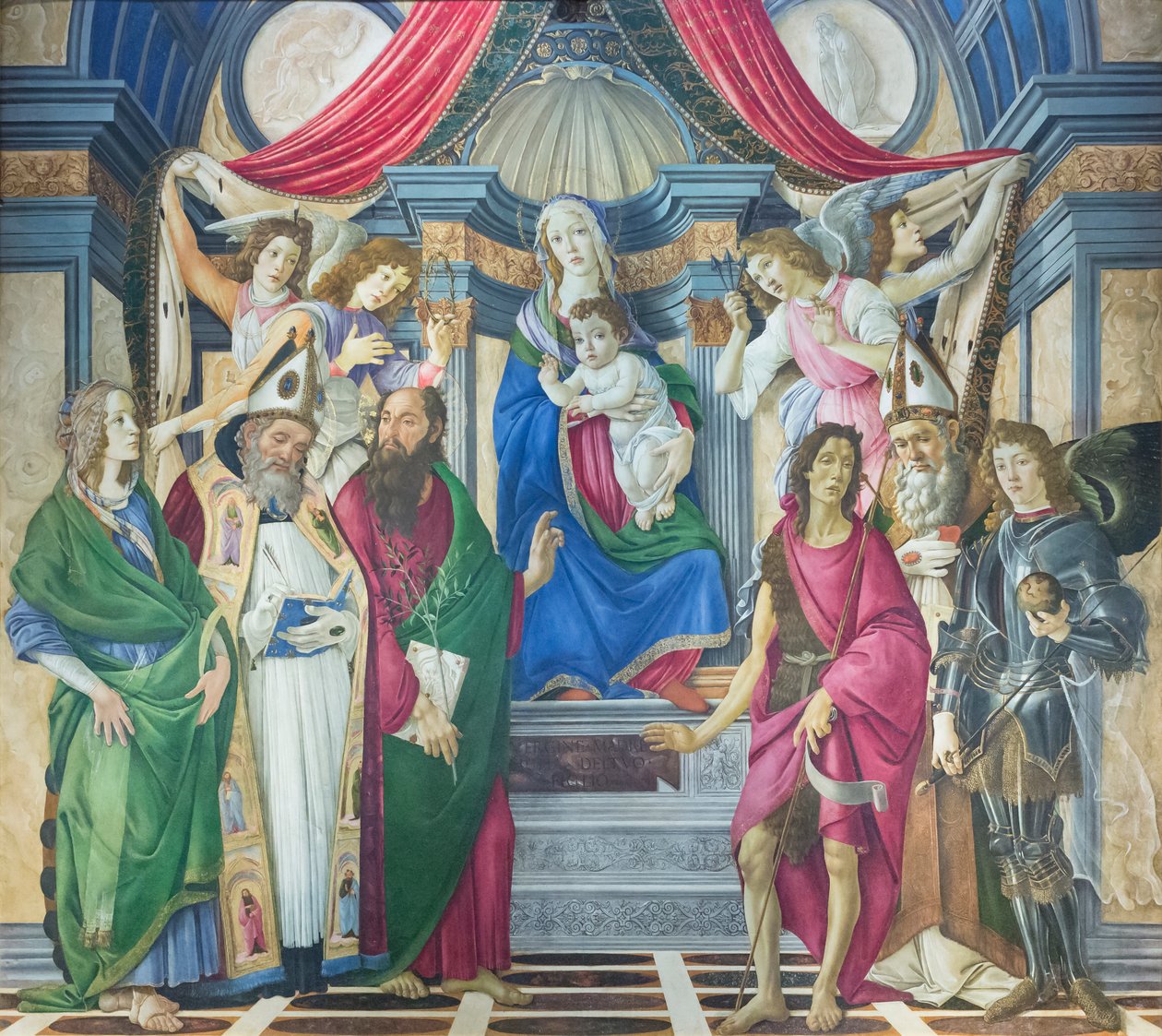 Madonna en Kind op de troon met heiligen door Sandro Botticelli