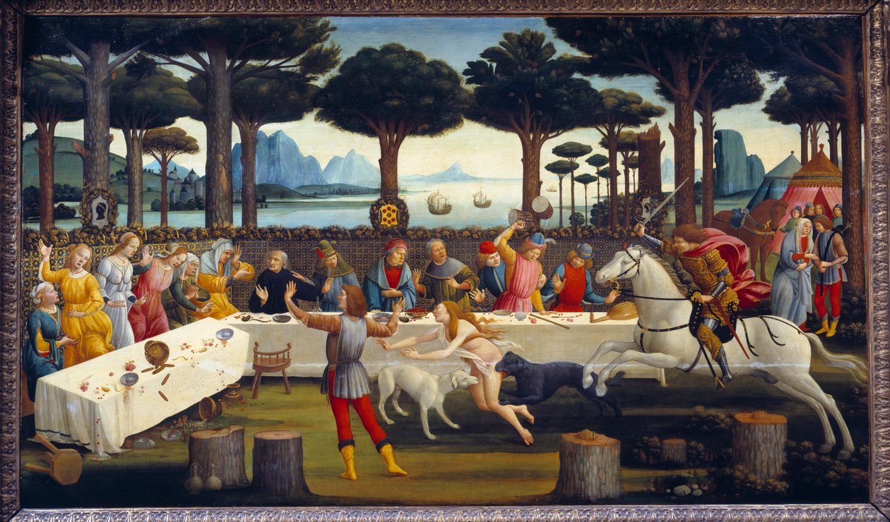 Verhaal van Nastagio degli Onesti: Banket in het dennenbos, derde paneel in een serie van vier door Sandro Botticelli