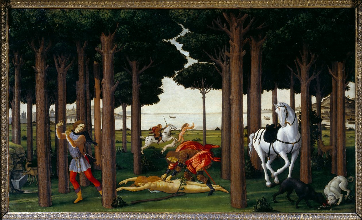 Verhaal van Nastagio degli Onesti: Infernale Jacht (tweede paneel) door Sandro Botticelli