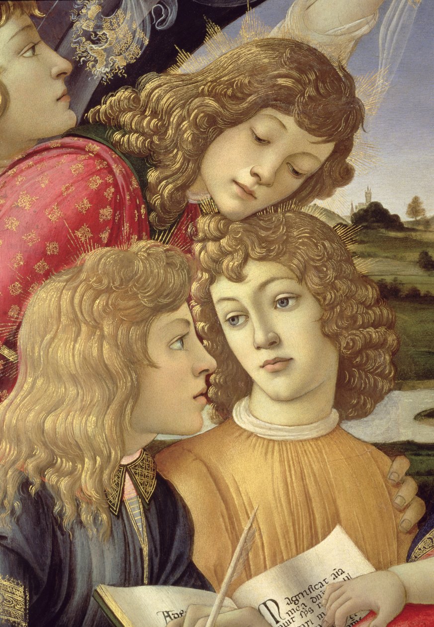 De Madonna van de Magnificat, detail van drie jongens door Sandro Botticelli