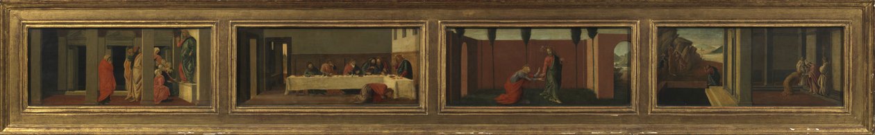 Scènes uit het leven van Maria Magdalena (vier predella panelen - a. Christus onderwijst; b. feest in het huis van Simon; c. Noli me Tangere; d. laatste momenten van de Magdalena) door Sandro (after) Botticelli
