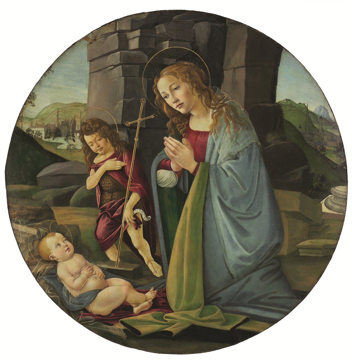 De Madonna die het Christuskind aanbidt met de jonge Johannes de Doper (tempera en olieverf op paneel) door Sandro (and workshop) Botticelli
