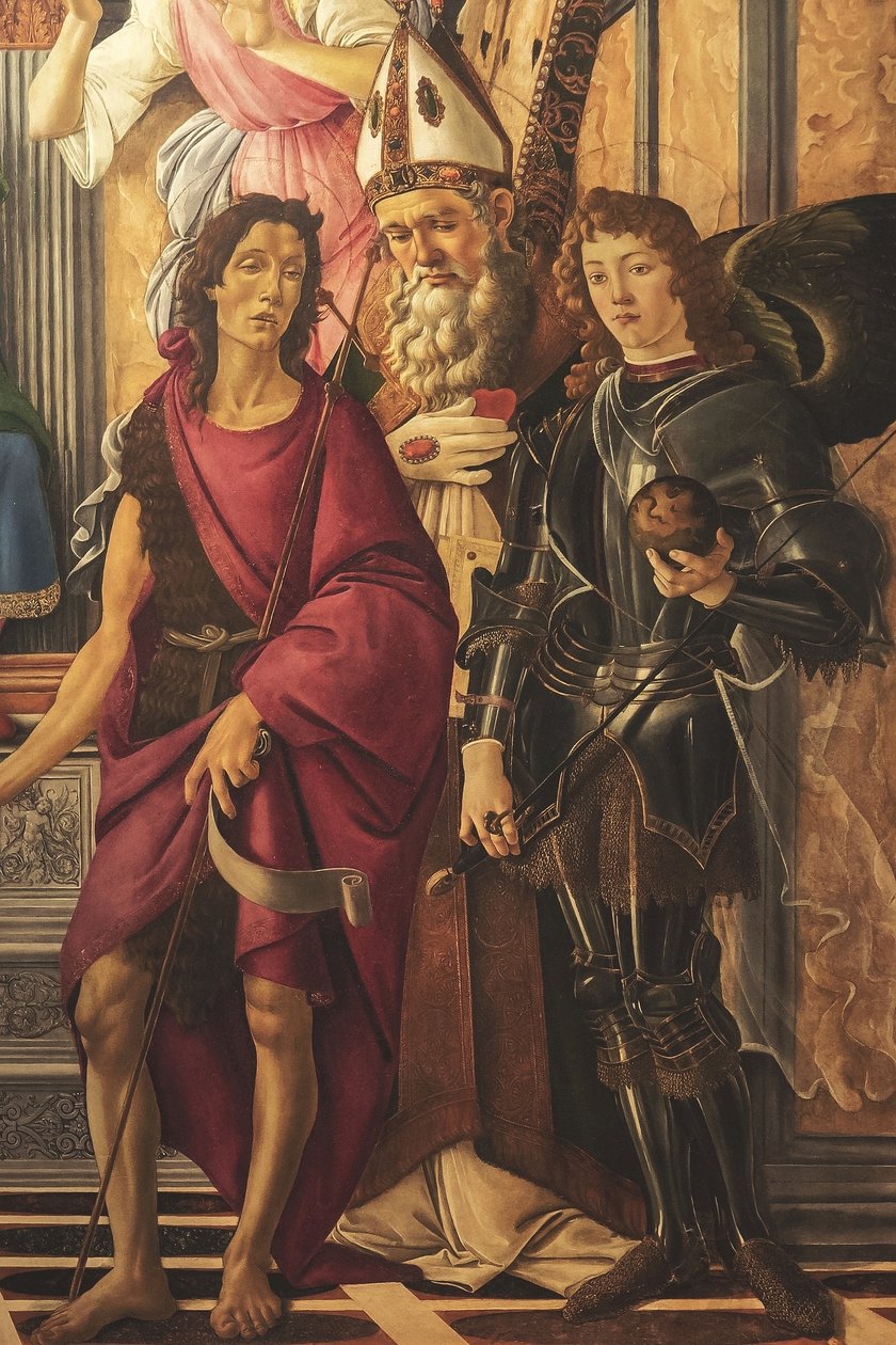 Altaarstuk, hoofdpaneel: tronende Madonna, vier engelen en heiligen door Sandro Botticelli