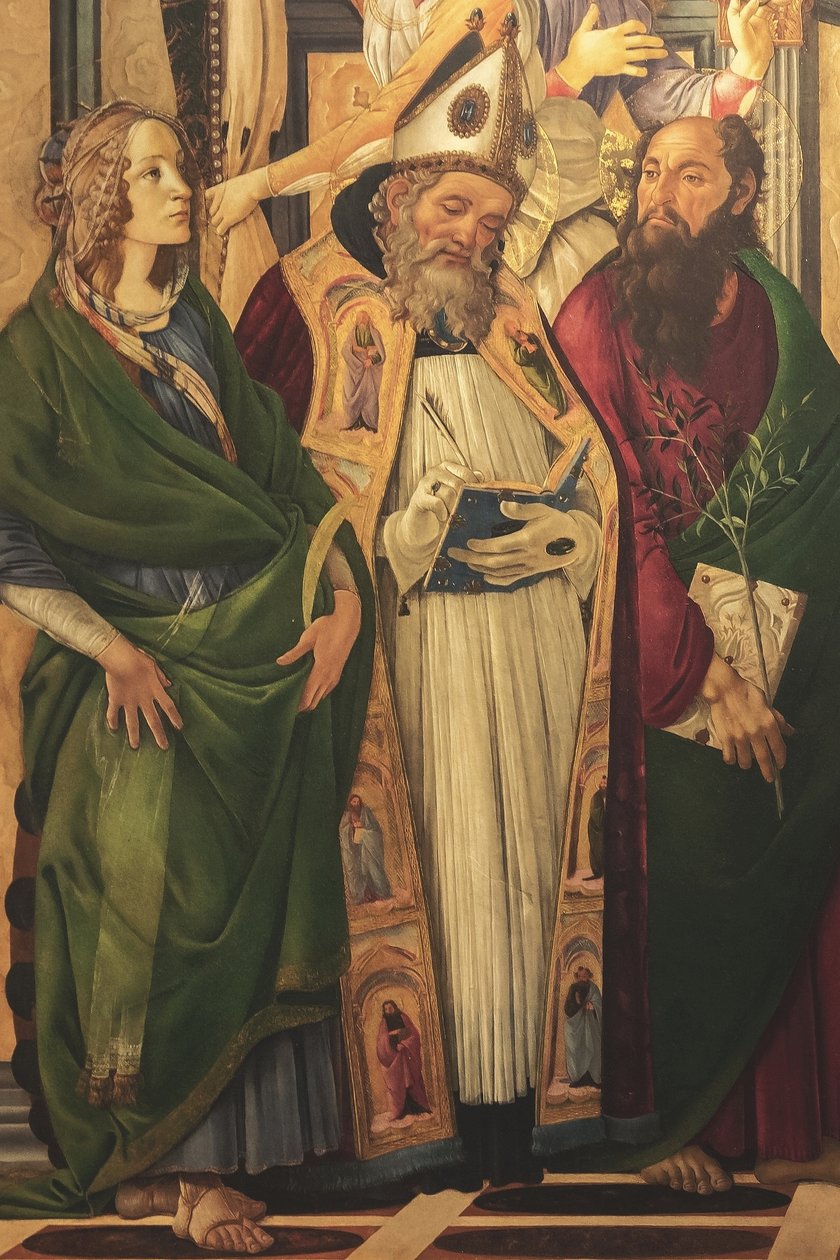 Altaarstuk, hoofdpaneel: tronende Madonna, vier engelen en heiligen door Sandro Botticelli