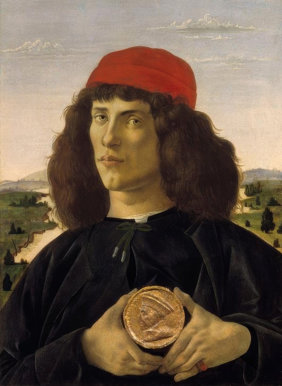 Portret van een onbekende met de medaille van Cosimo de A door Sandro Botticelli