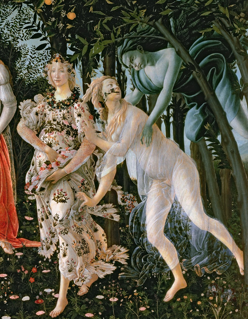 Detail van Zephyr en Flora als het Uur van de Lente, uit de Primavera (detail) door Sandro Botticelli