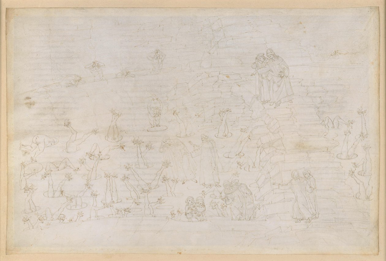 La Divina Commedia, Inferno XIX. Vergilius en Dante in de achtste cirkel van de hel (Malebolge), 3e bolgia: corrupte kerkelijke ambtsdragers, bestraffing van de simonisten door Sandro Botticelli