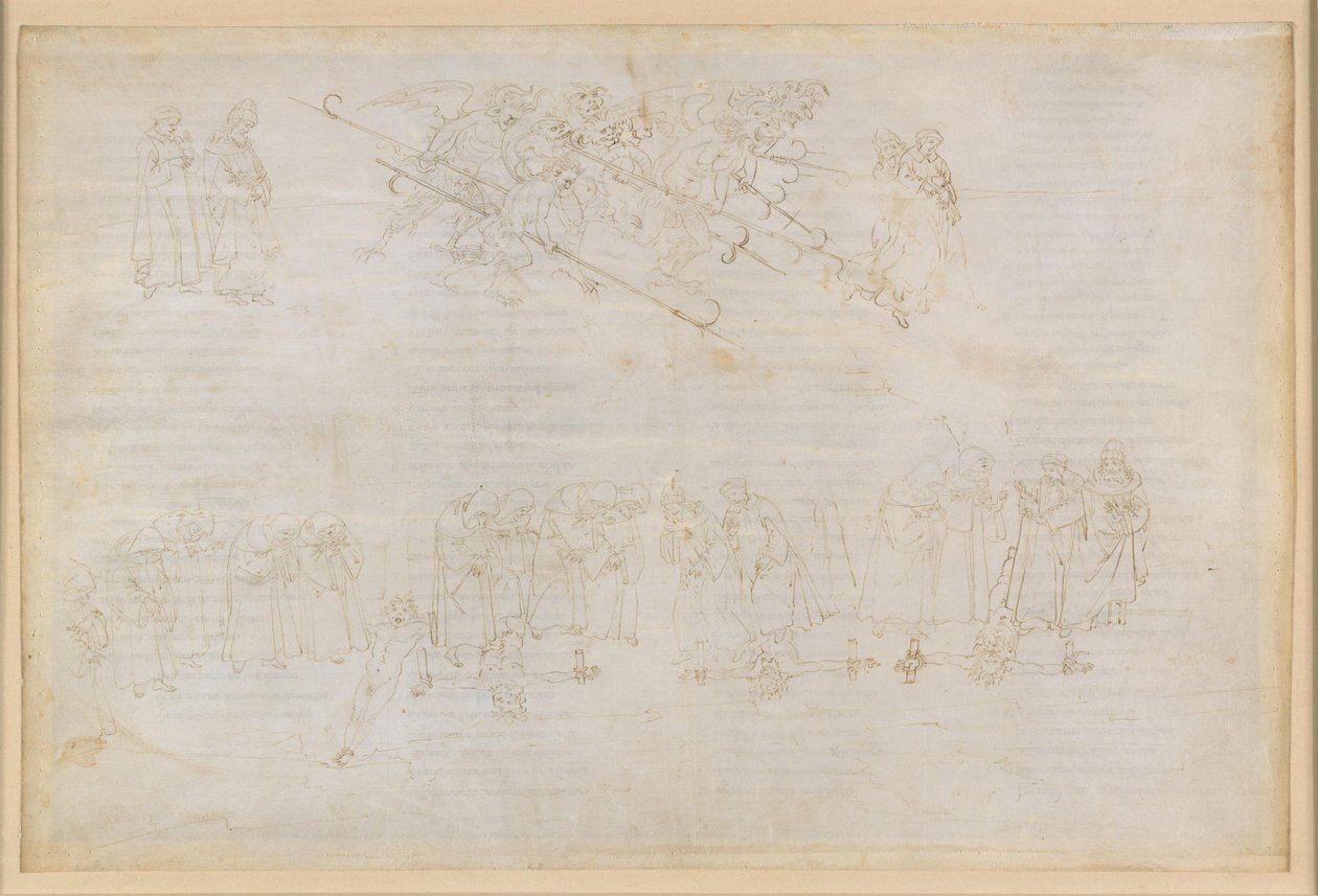 La Divina Commedia, Inferno XXIII. Vergilius en Dante in de achtste cirkel van de hel (Malebolge), 6e bolgia: de bestraffing van de huichelaars door Sandro Botticelli