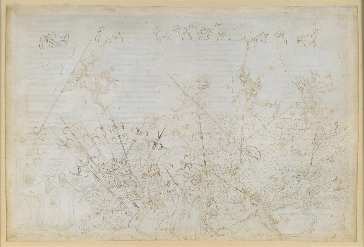 La Divina Commedia, Inferno XXII. Vergilius en Dante in de achtste cirkel van de hel (Malebolge), 5e bolgia: de bestraffing van de corrupte personen; de vlucht van Ciampolo door Sandro Botticelli