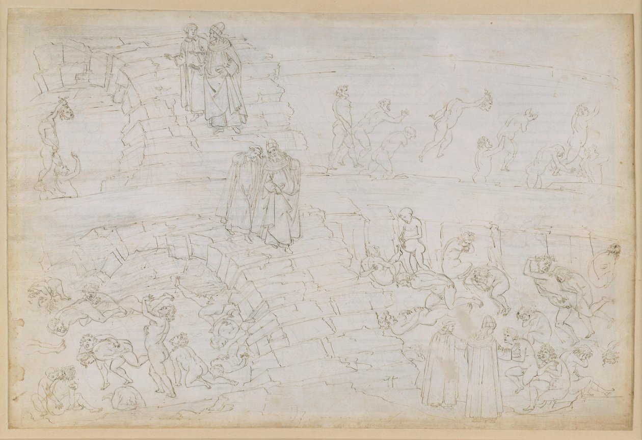 La Divina Commedia, Inferno XXIX. Vergilius en Dante in de achtste cirkel van de hel (Malebolge), 10e bolgia: de bestraffing van valsemunters en alchemisten door Sandro Botticelli