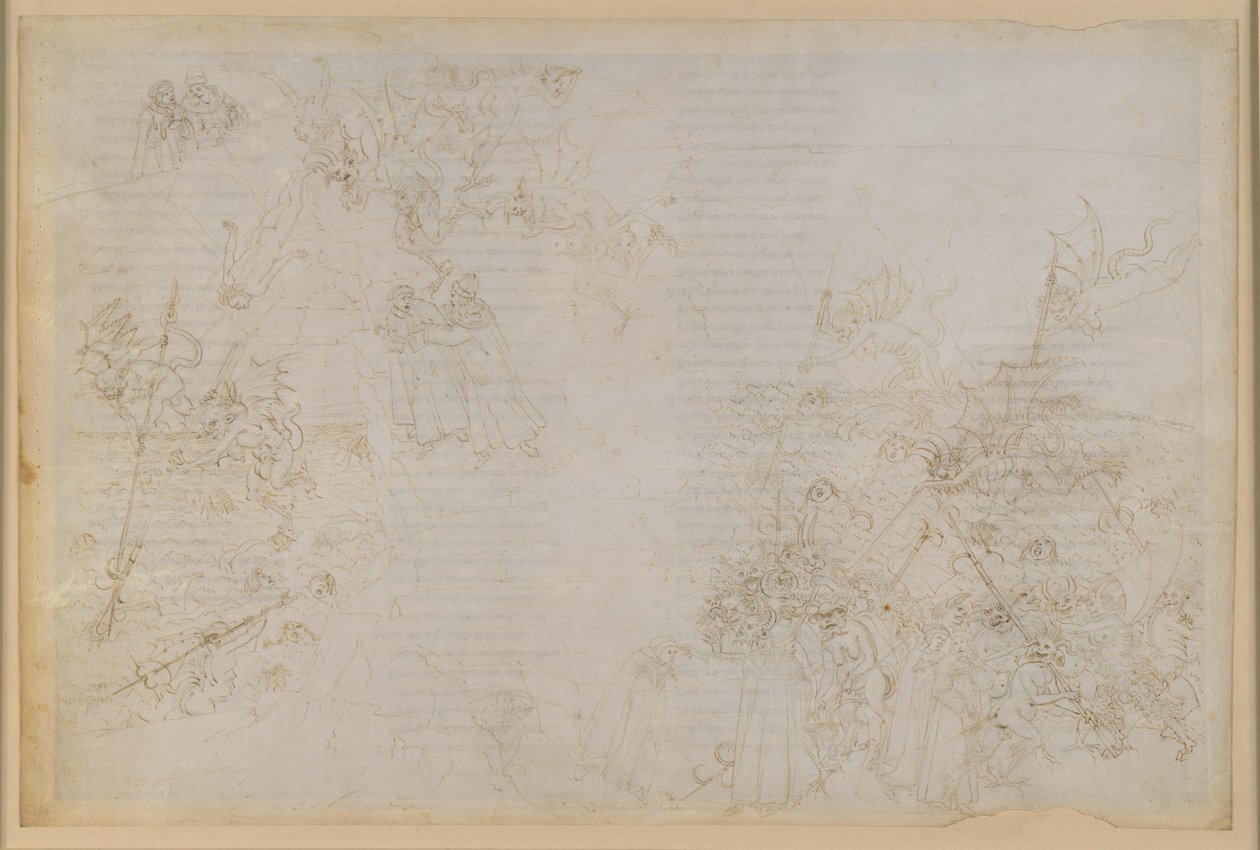 La Divina Commedia, Inferno XXI. Vergilius en Dante in de achtste cirkel van de hel (Malebolge), 5e bolgia: de bestraffing van corrupte ambtenaren; de begeleiding door de duivels door Sandro Botticelli
