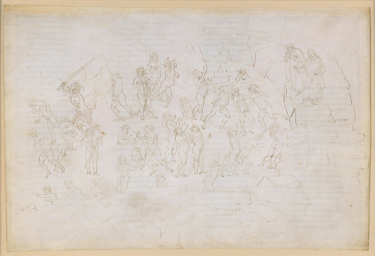 La Divina Commedia, Inferno XXVIII. Vergilius en Dante in de achtste cirkel van de hel (Malebolge), 9e bolgia: bestraffing van ketters en onruststokers; ontmoeting met Mohammed en Bertran de Born door Sandro Botticelli