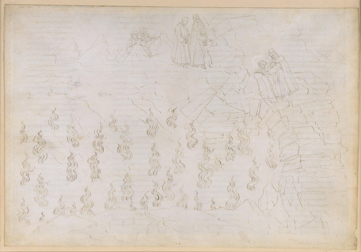 La Divina Commedia, Inferno XXVI. Vergilius en Dante in de achtste cirkel van de hel (Malebolge), 8e bolgia: de straf voor de valse raadgevers; gesprek met Odysseus door Sandro Botticelli