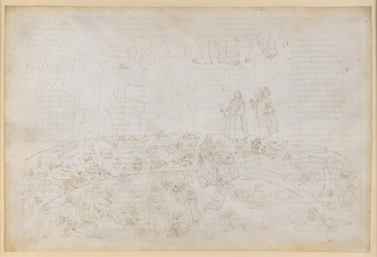 La Divina Commedia, Inferno XXXII. Negende cirkel (Cocytus), 1e en 2e strofe: Bestraffing van de verraders van hun familie en vaderland in het ijs van Caina en Antenora door Sandro Botticelli