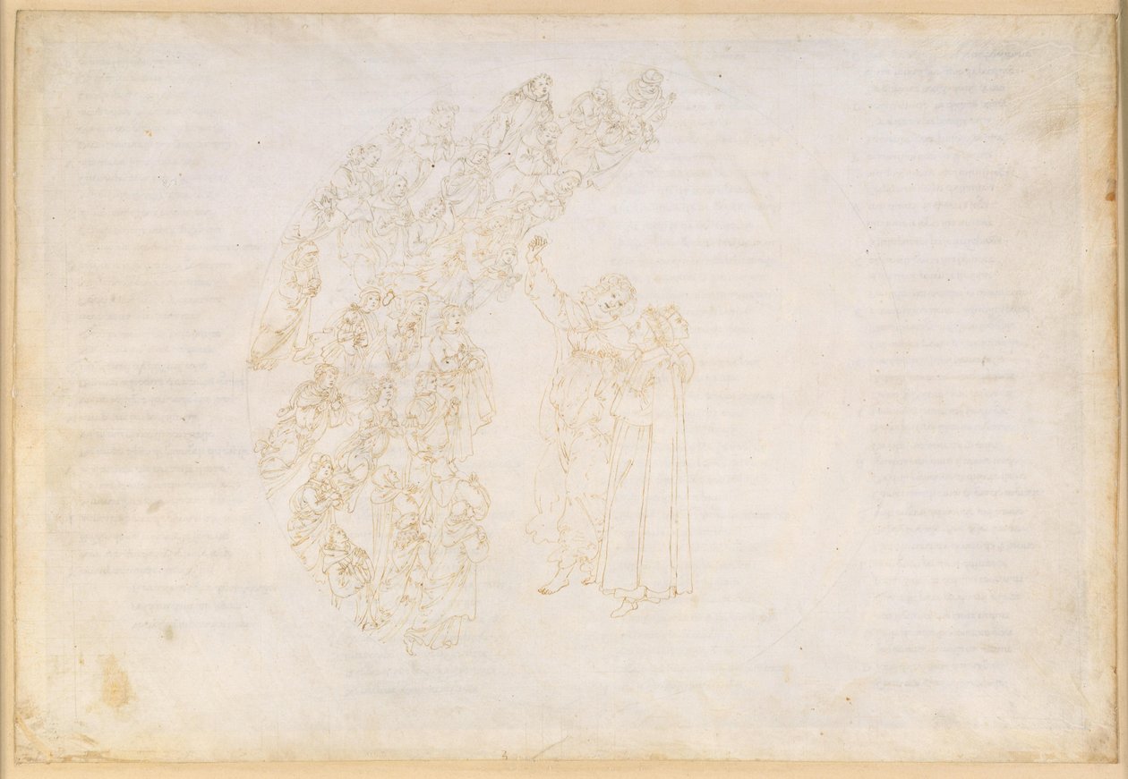 La Divina Commedia, Paradiso III. Eerste planetaire sfeer (maanhemel): verschijning van de zielen die ooit werden verhinderd een gelofte na te komen; gesprek tussen Dante en Piccarda Donati door Sandro Botticelli