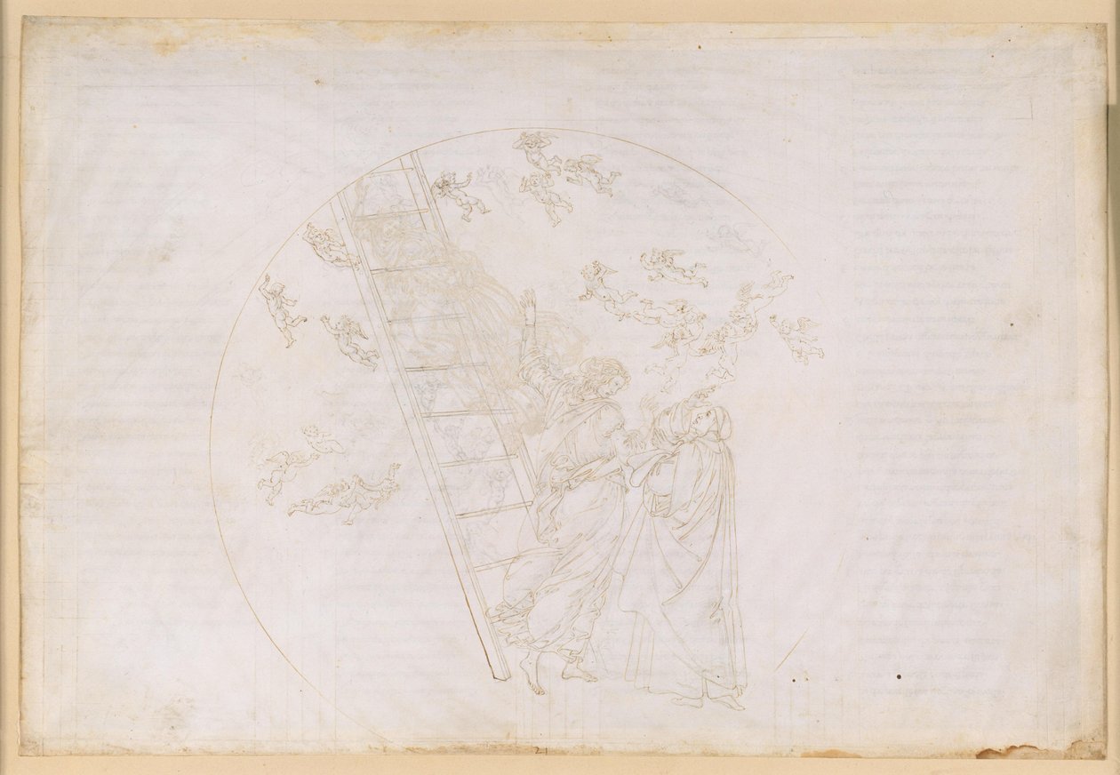 La Divina Commedia, Paradiso XXI. Overgang naar de zevende planetaire sfeer (de hemel van Saturnus): Dante ziet de Jakobsladder en het licht van de zaligen die zich ooit in de contemplatie hebben bewezen; toespraak van Petrus Damianus door Sandro Botticelli