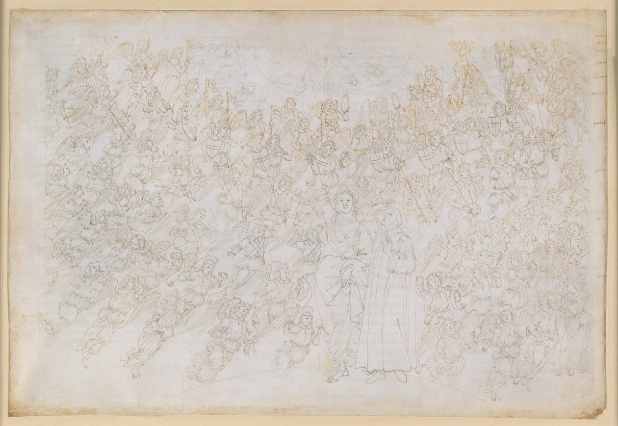 La Divina Commedia, Paradiso XXVIII. Negende sfeer (Kristallen hemel of Primum Mobile): Dante ziet God als een fel stralend punt, omringd door engelenkoren; Beatrice legt de hiërarchie en de werkzame krachten van de sfeer uit door Sandro Botticelli