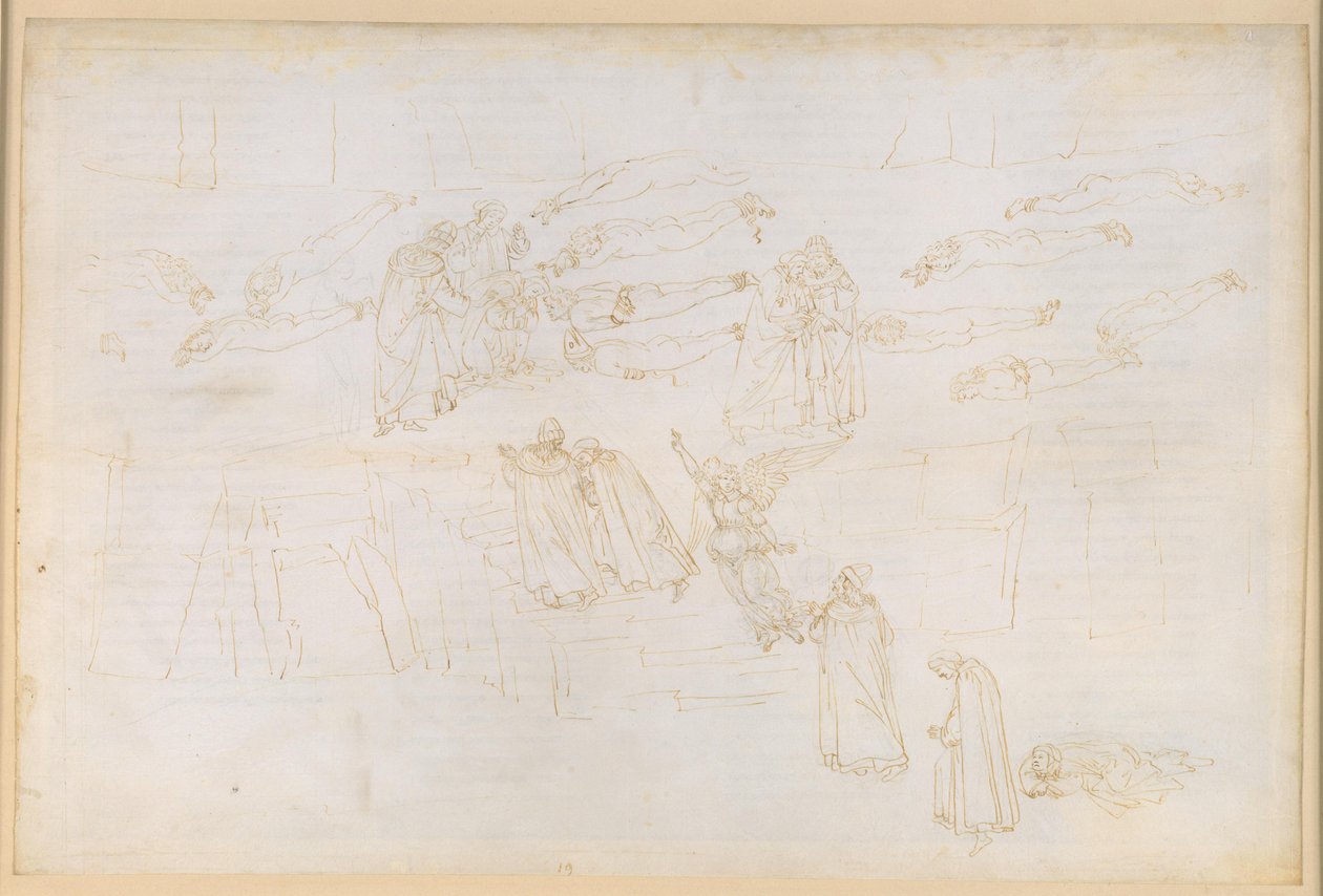 La Divina Commedia, Purgatorio XIX. De beklimming naar de vijfde ring van het vagevuur: Dantes droom over Siren; de boetedoening van de hebzuchtigen en de verkwisters; het gesprek met Hadrianus V. door Sandro Botticelli