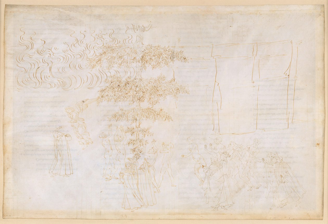 La Divina Commedia, Purgatorio XXIV. Zesde ring van het vagevuur: boetedoening van de gulzigaards; gesprekken met Forese Donati en Bonagiunta Orbicciani; de engel bij de klim naar de zevende ring door Sandro Botticelli