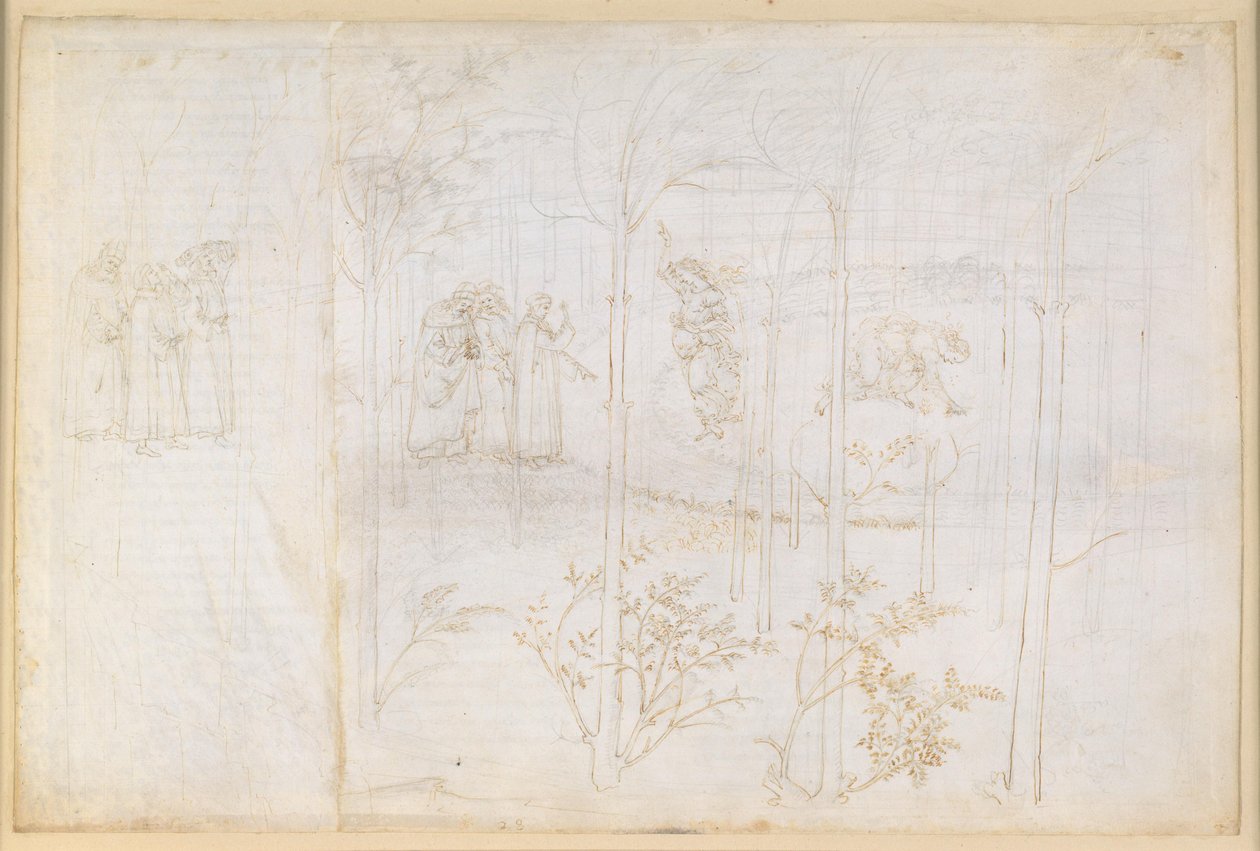 La Divina Commedia, Purgatorio XXVIII. Het aardse paradijs: Dante en Matelda aan de rivier de Lethe door Sandro Botticelli