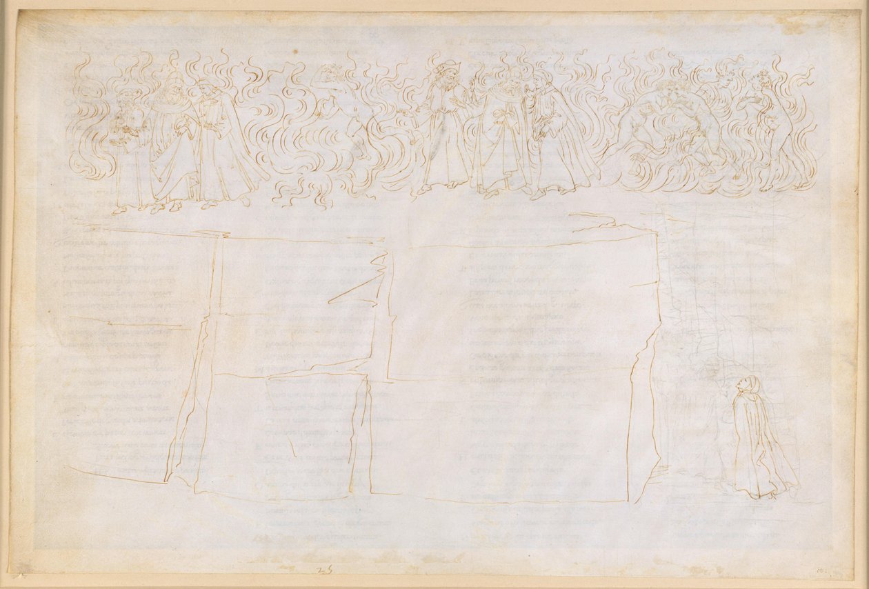 La Divina Commedia, Purgatorio XXV. De beklimming naar de zevende ring van het vagevuur: uitleg over de lichamelijkheid van de schaduwen; boetedoening van de wellustigen door Sandro Botticelli