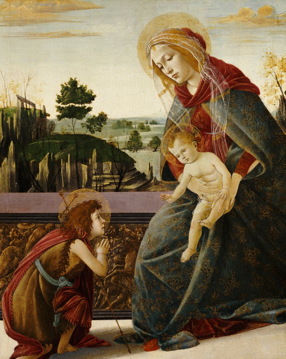 De Madonna en Kind met de jonge Sint Johannes de Doper in een landschap door Sandro Botticelli