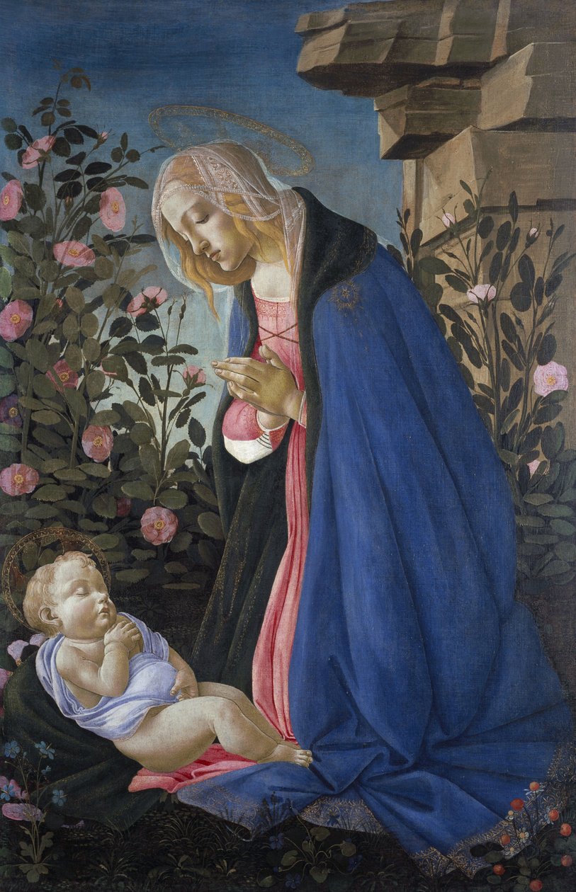 De Maagd die het slapende Christuskind aanbidt door Sandro Botticelli