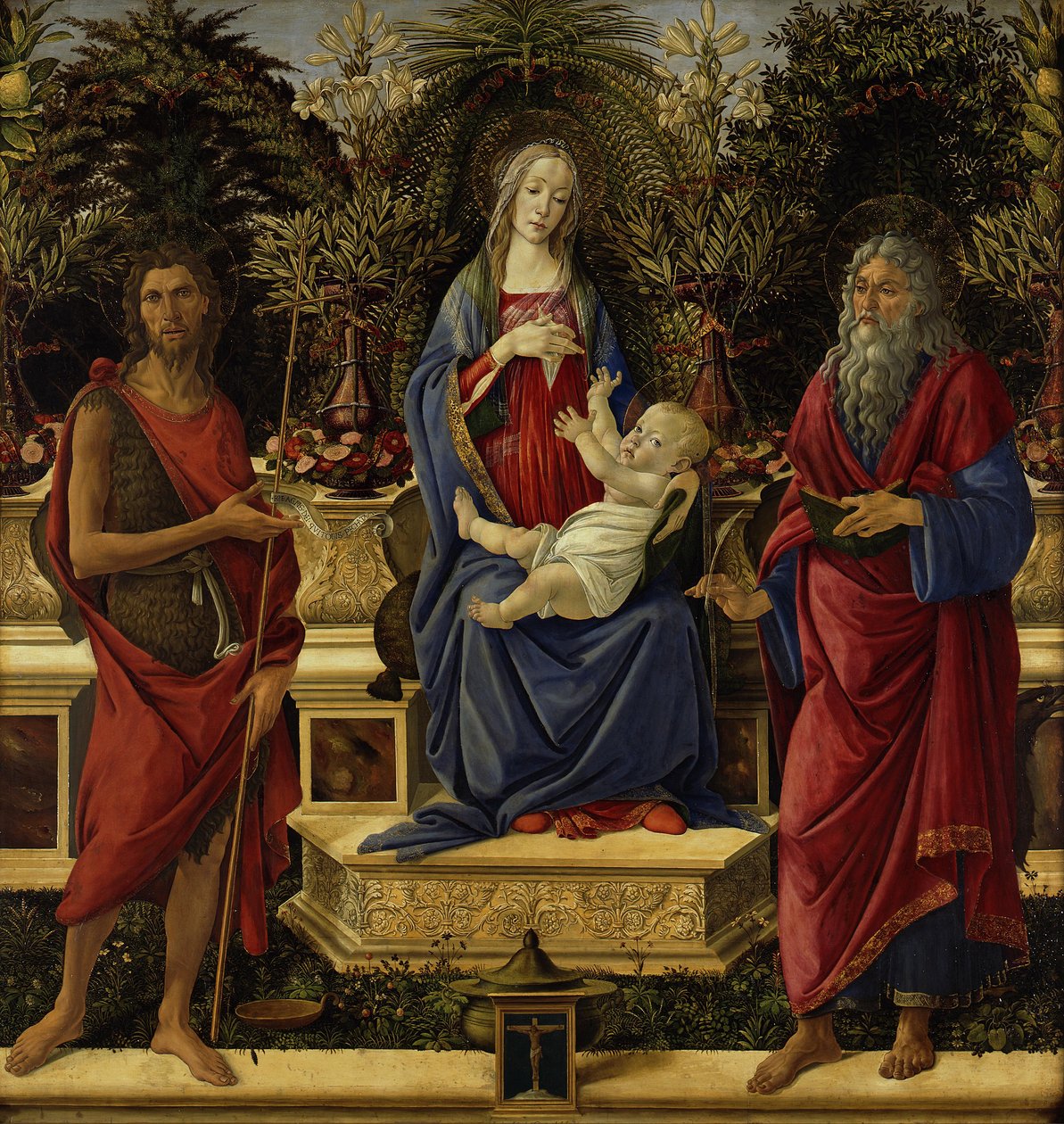 Maria op de troon met het Kind en de twee Johannes’ door Sandro Botticelli