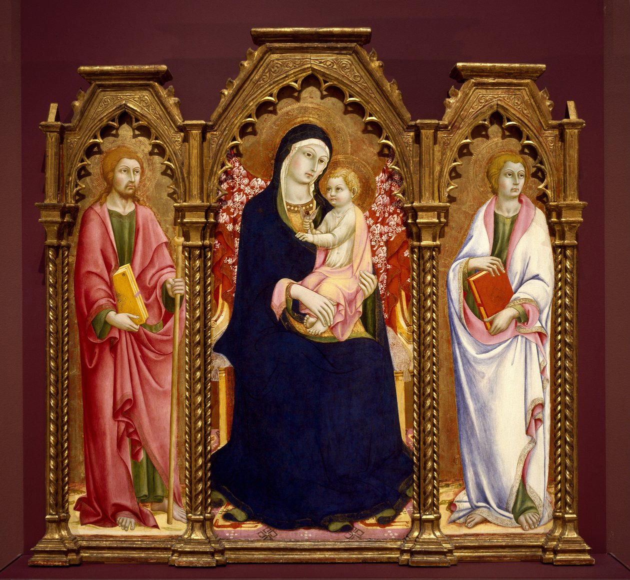 Madonna en Kind met Heiligen Jacobus Major en Johannes de Evangelist, altaarstuk door Sano di Pietro