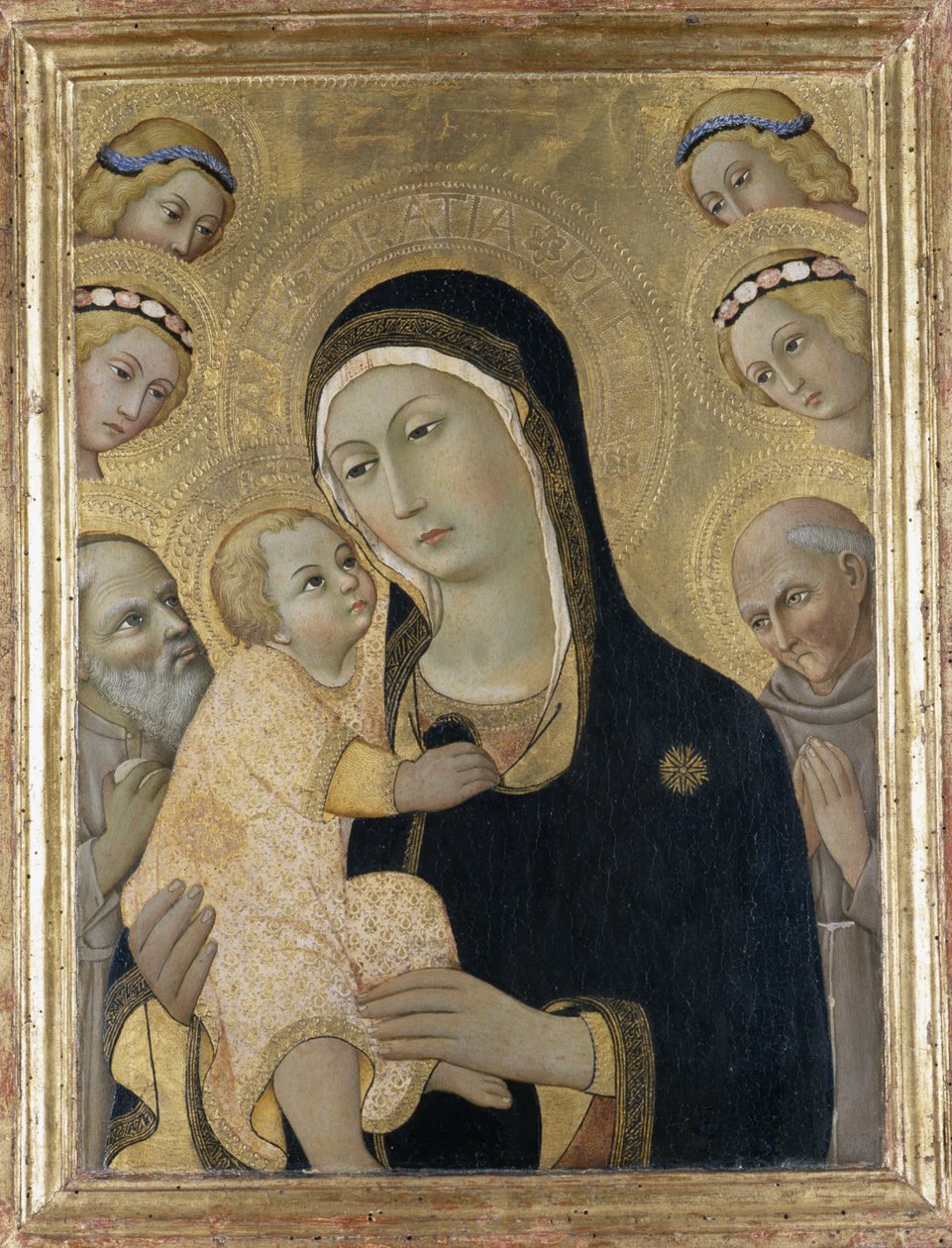 Madonna en Kind met Engelen en Heiligen door Sano di Pietro