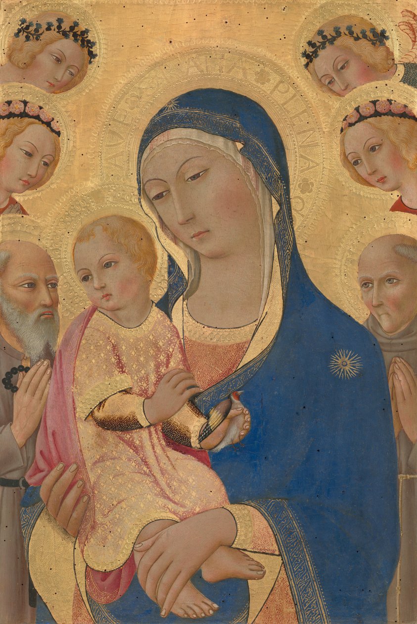 Madonna en kind met Sint Hiëronymus, Sint Bernardinus en engelen door Sano di Pietro