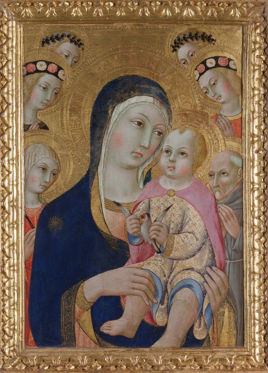 Madonna met kind, heiligen Apollonia en Bernardino en vier engelen, ca. 1460 door Sano di Pietro