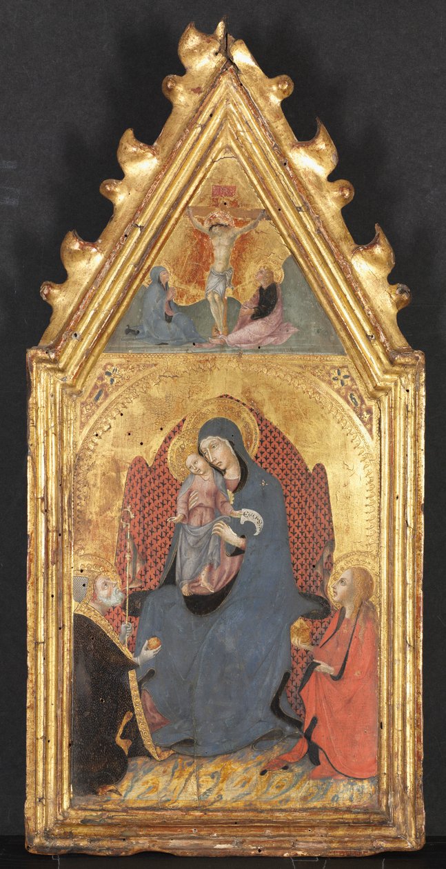 Maagd en kind aanbeden door heiligen Maria Magdalena en Nicolaas van Bari, Christus gekruisigd door Sano di Pietro