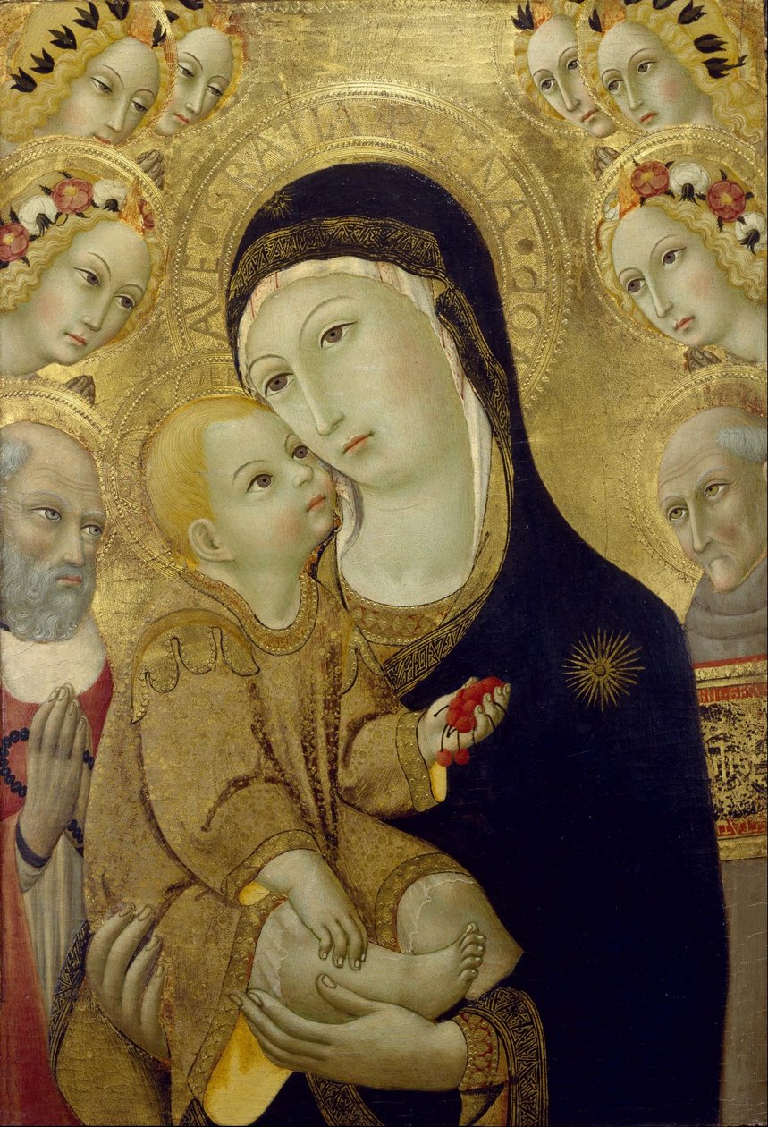 Maagd en Kind met de heiligen Hiëronymus en Bernardinus van Siena en zes engelen door Sano di Pietro